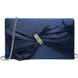 Women Navy Elegant Satin Bow Flap Evening Bag For Wedding And Party